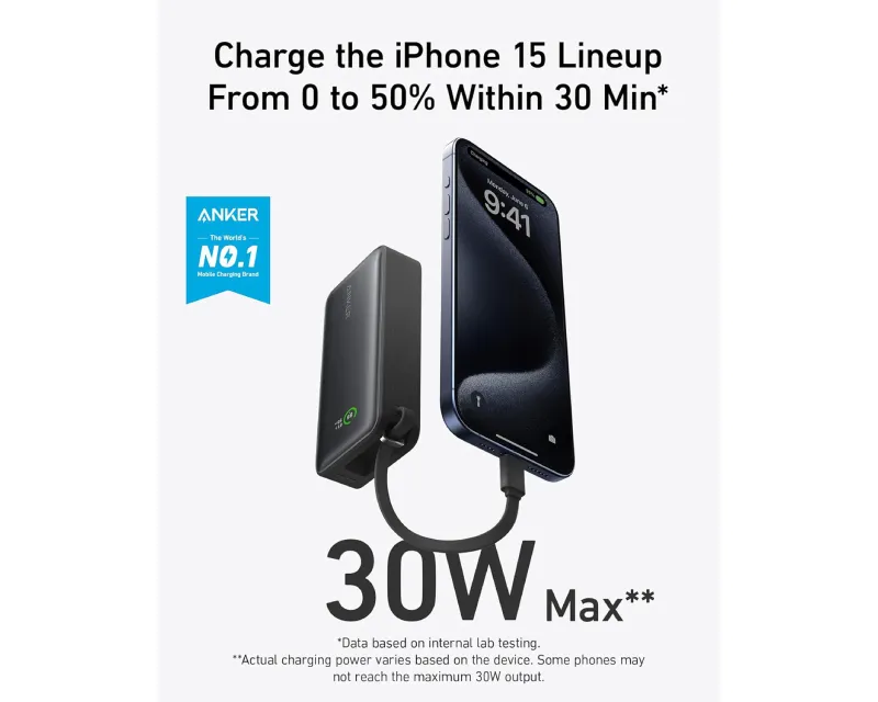 ANKER Nano 10000mAh, 30W, sa ugrađenim USB-C kablom, Power Bank crni Slika 2