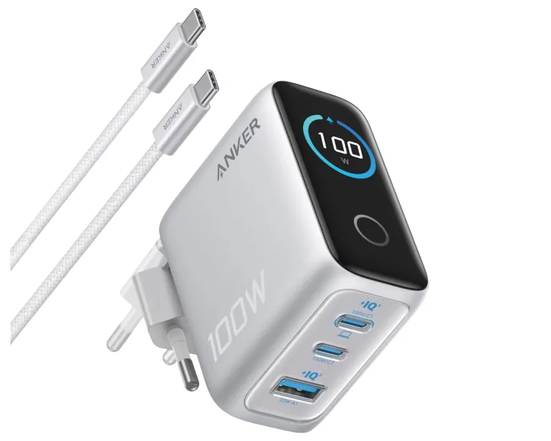 ANKER 100W GaN zidni brzi punjač, 3-porta (2x USB-C i 1x USB-A) sa USB-C M/M pletenim kablom, srebrni Slika 1