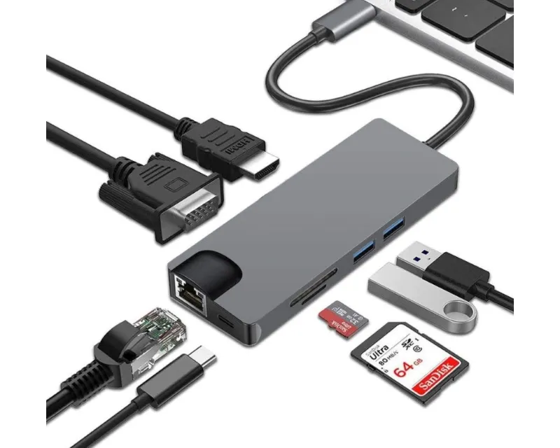 E-GREEN Adapter USB 3.1 Tip C (M) - HDMI+VGA+2X 3.0 USB + tip C + SD (F) + RJ45  Slika 1