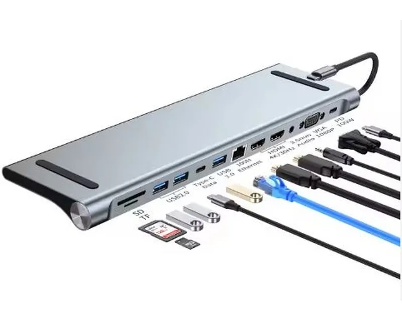 E-GREEN Adapter USB 3.1 tip C (M) - 2 x HDMI + VGA + 3 x USB 3.0 + 2 x tip C + RJ45 (F) + SD/TF + PD 100W (12 u 1)  Slika 1