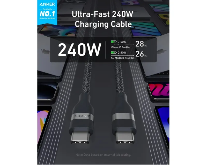 ANKER USB tip-C kabl M/M 1.8m, za Super brzo punjenje 240W/480Mbps, pleteni, crni Slika 3