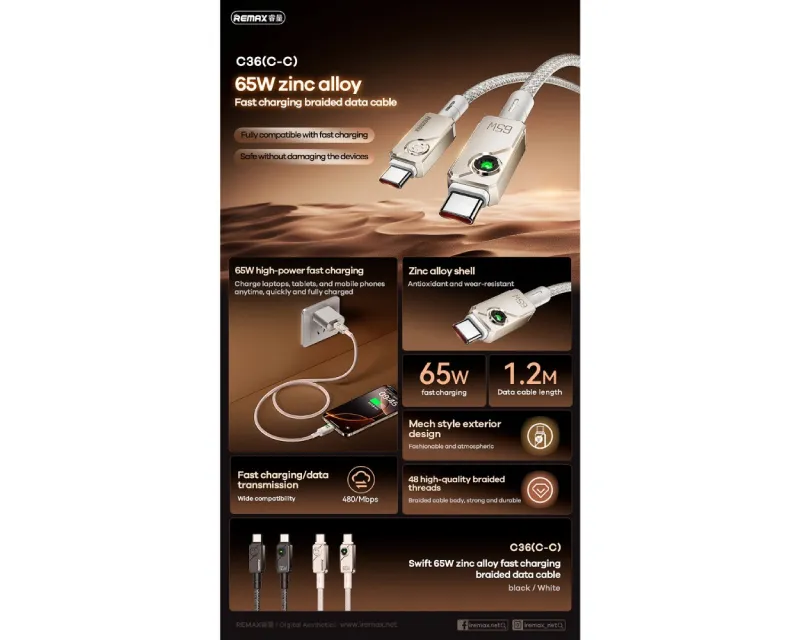 REMAX Kabl Swift Fast charging braided data cable 1.2M C36 65W(C-C) crni  Slika 2