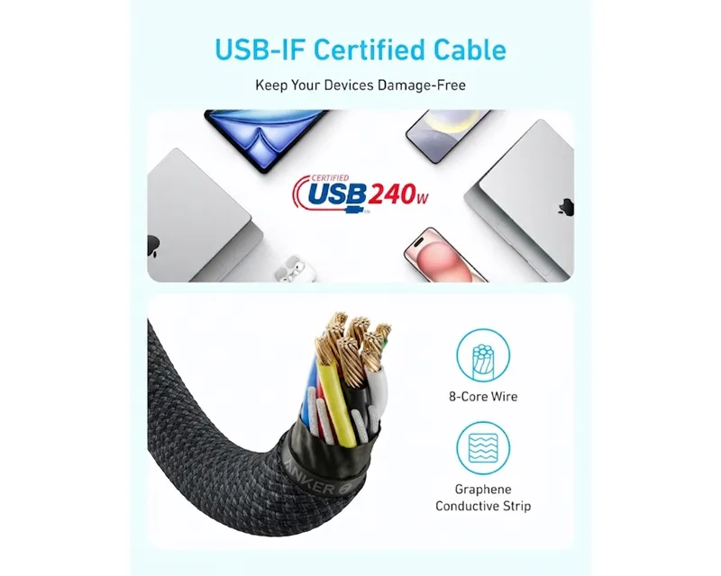 ANKER Zolo USB tip-C kabl M/M 1m,  za Apple, super brzo punjenje 240W/480Mbps, pleteni, crni  Slika 4