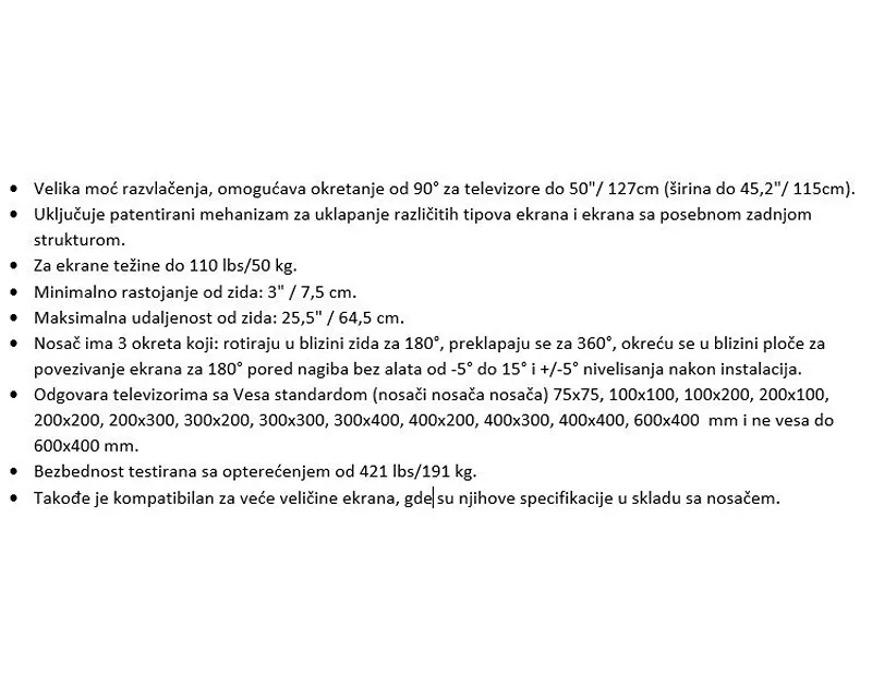 BARKAN 4400.B LCD TV zglobni zidni nosač do 86 inča za ravne i zakrivljene televizore Slika 9