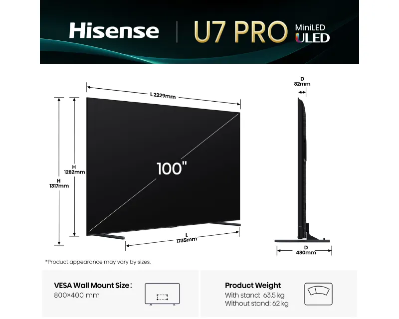 HISENSE 100 inča 100U7Q PRO Mini-LED 4K UHD Smart TV Slika 3