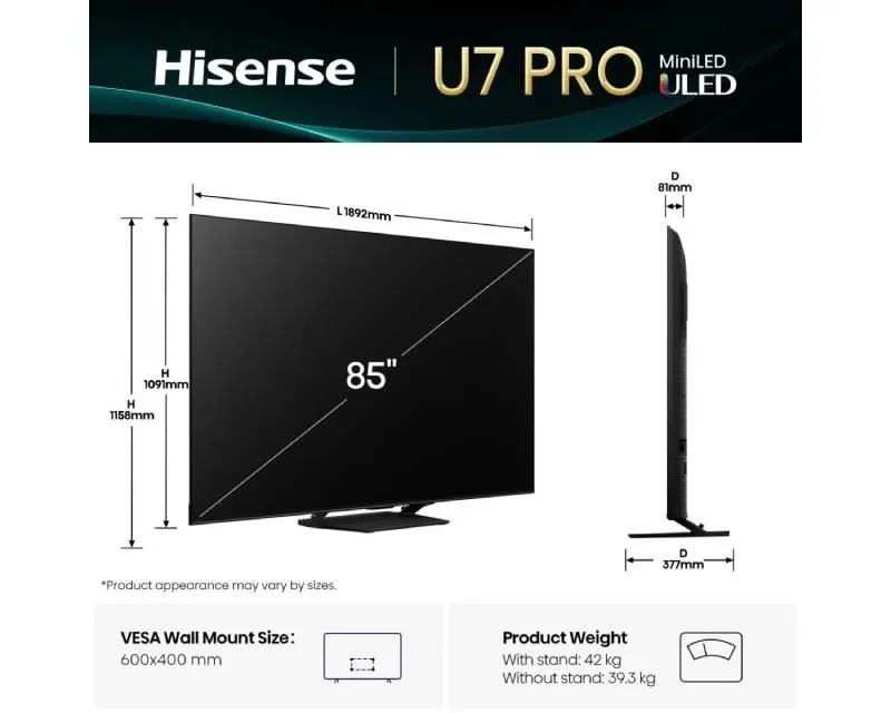 HISENSE 85 inča 85U7Q PRO ULED Mini-LED 4K UHD Smart TV Slika 2