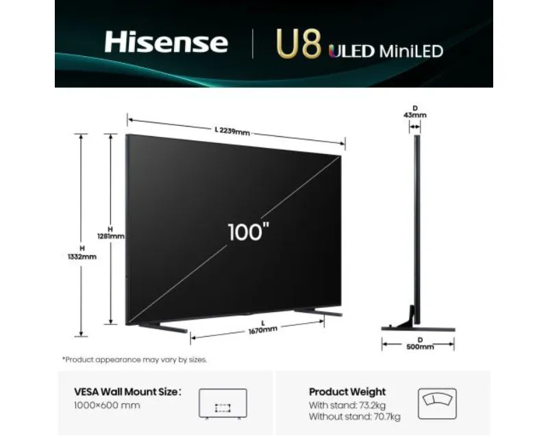 HISENSE 100 inča 100U8Q ULED Mini-LED 4K UHD Smart TV Slika 3