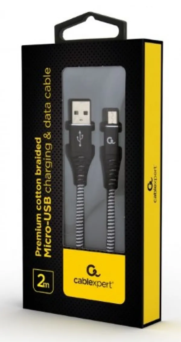 GEMBIRD CC-USB2B-AMmBM-2M-BW Gembird Premium cotton braided Micro-USB charging - data cable,2m, black/white Slika 1