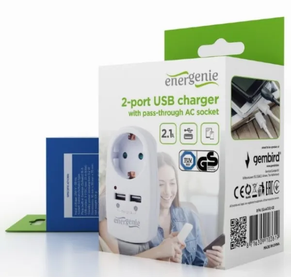 GEMBIRD EG-ACU2-02 Gembird 2-portni USB punjac sa prolaznom AC uticnicom, 2,1 A, bela Slika 1