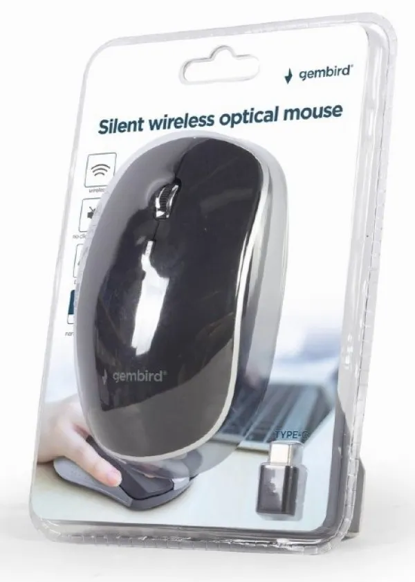 GEMBIRD MUSW-4BSC-01 Gembird Type-C Necujni bezicni mis 2,4GHz opticki USB 800-1600Dpi black 115mm Slika 1