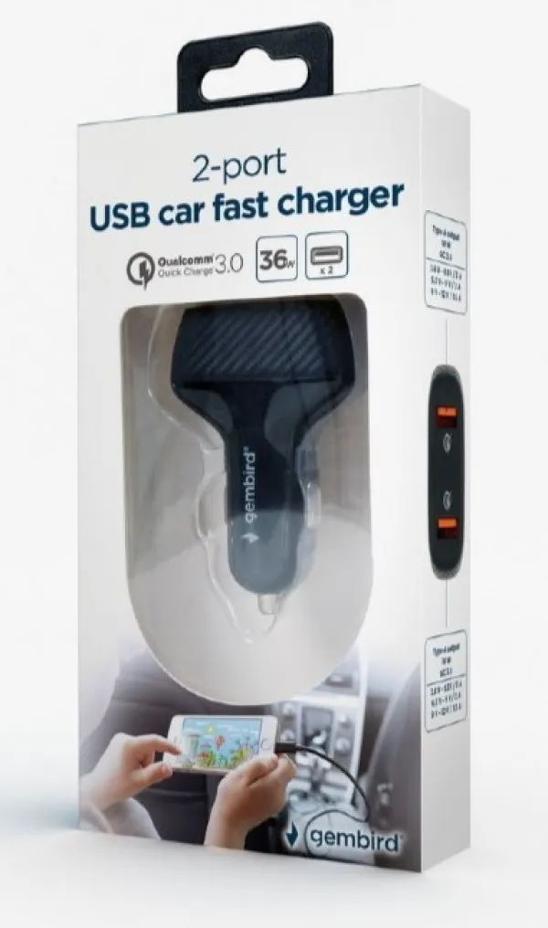 GEMBIRD TA-U2QC3-CAR-01 Gembird QC3.0 brzi auto punjac 2xUSB, 36W 3.6-6.5V/3A, 6.5-9V/2A, 9-12V/1.5A FO Slika 1