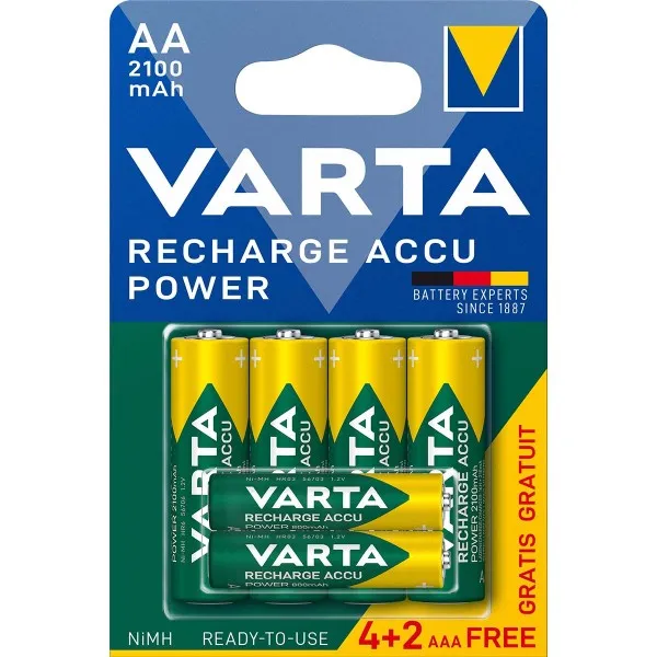 VARTA-567R2USO set od 6 PUNJIVE NiMH baterije 4xAA 2100mAh + 2xAAA 800mAh, Ready2use, cena po 1 kom. Slika 1