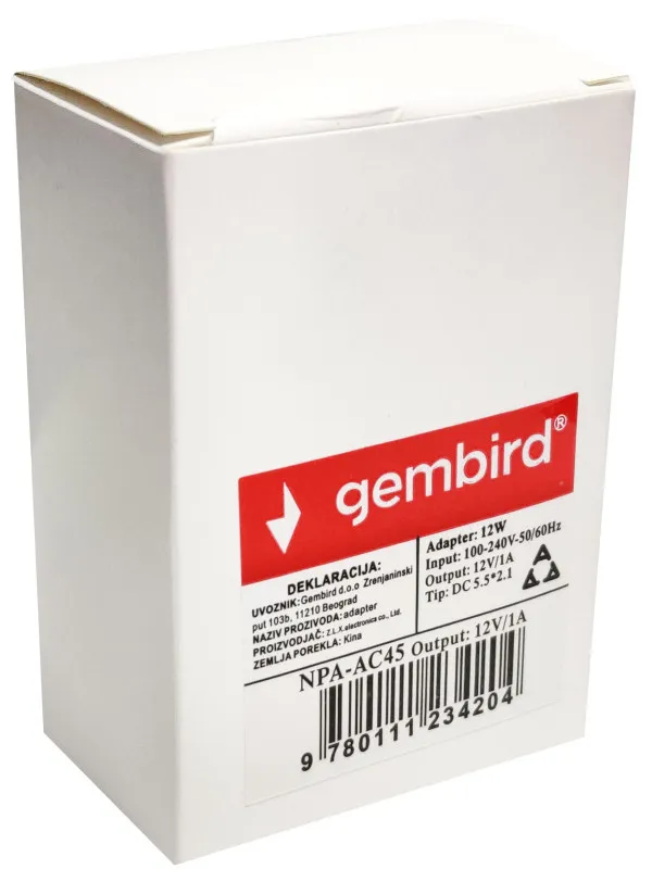 GEMBIRD NPA-AC45** Gembird punjac 12v/1A 12W, 1m kabl, Coper napajanje, DC 5.5x2.1mm CE(alt.npa-ac91 223) Slika 2
