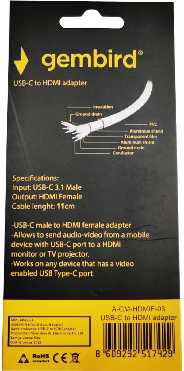 GEMBIRD A-CM-HDMIF-03 ** Gembird TYPE-C TO HDMI 11cm CABLE (alt.A-CM-HDMIF-01, A-USB3C-HDMI-01 479) Slika 1