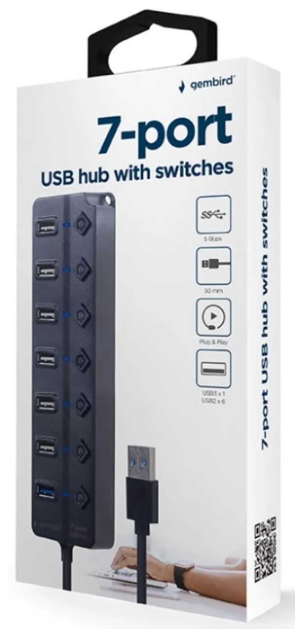 GEMBIRD UHB-U3P1U2P6P-01 Gembird 7-port USB hub (1xUSB 3.1 + 6xUSB 2.0) with switches, black Slika 3