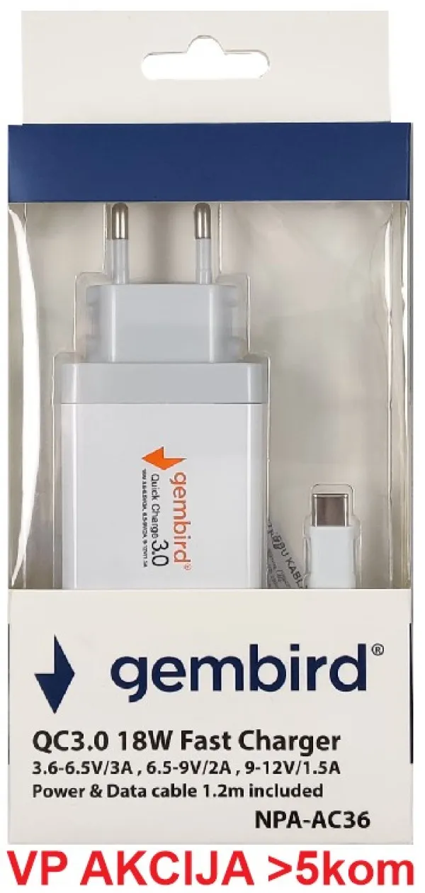 GEMBIRD NPA-AC36 ** Gembird QC3.0 brzi punjac +Type C USB kabl,18W 3.6-6.5V/3A, 6.5V-9V/2A, 9V-12V/1.5A(351) Slika 2