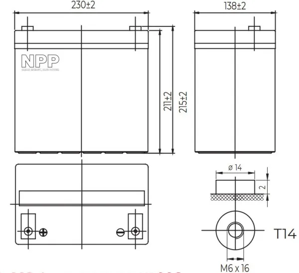 NPP NPG12V-55Ah, GEL BATTERY, C20=55AH, T14, 230*138*208*212, 15KG, Light grey Slika 2