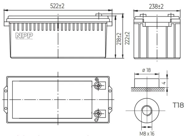 NPP NPG12V-200Ah, GEL BATTERY, C20=200AH, T16, 522x238x218x222, 52,8KG, Light grey Slika 3