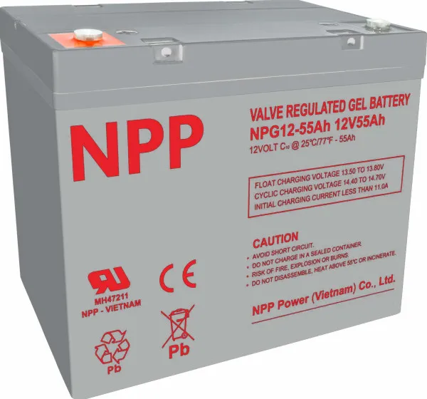 NPP NPG12V-55Ah, GEL BATTERY, C20=55AH, T14, 230*138*208*212, 15KG, Light grey Slika 1