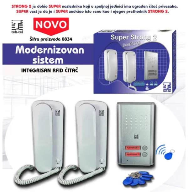 Teh Tel Zicni interfon sa RFID citacem SUPER STRONG 2, dve unutrasnje slusalice Slika 1