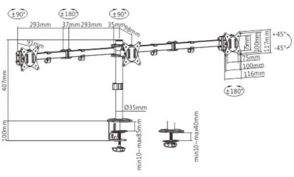 GEMBIRD MA-D3-01 Gembird Podesivi stoni drzac za monitor sa tri ruke,tilt,rotacija, okretanje, 17-27 max.7kg Slika 2