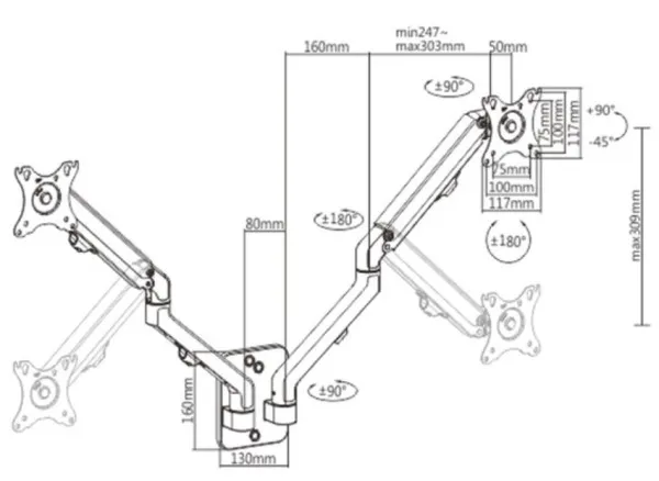GEMBIRD MA-WA2-01 Gembird Podesivi dupli zidni drzac za monitor,tilt, 17-27 max.2x7kg Slika 2
