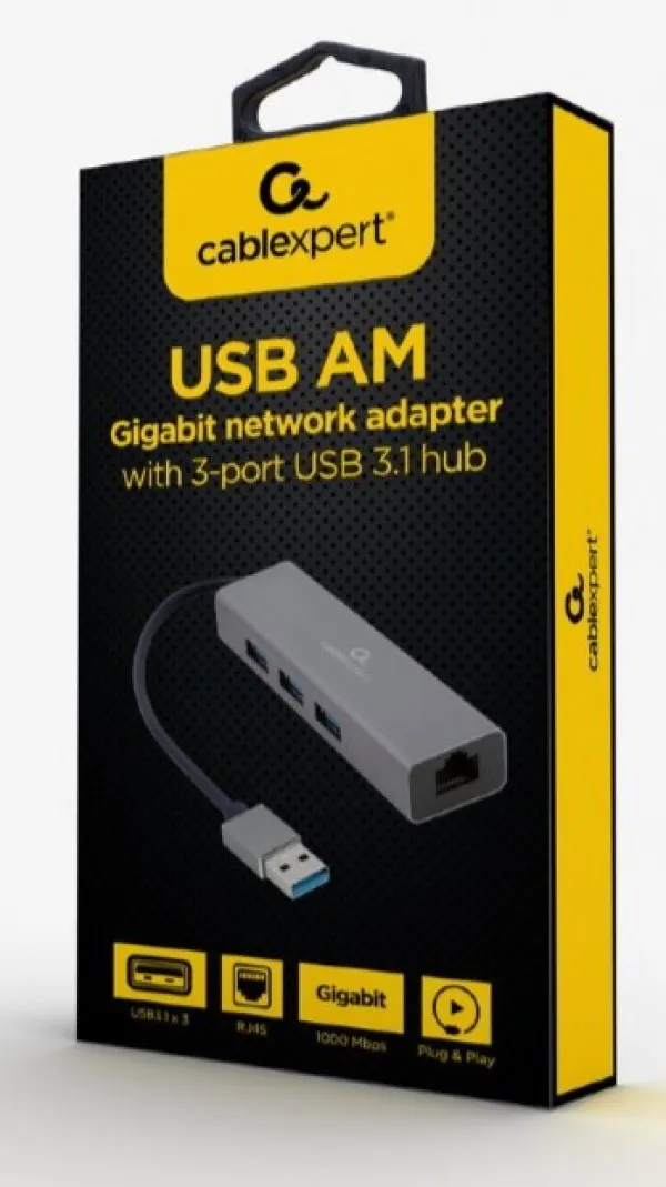 GEMBIRD A-AMU3-LAN-01 Gembird USB AM Gigabit network adapter with 3-port USB 3.0 hub Slika 1