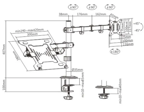 GEMBIRD MA-DA-03 Gembird Podesivi stoni drzac za monitor tilt, 17-32 max.9kg + nosac za laptop Slika 3
