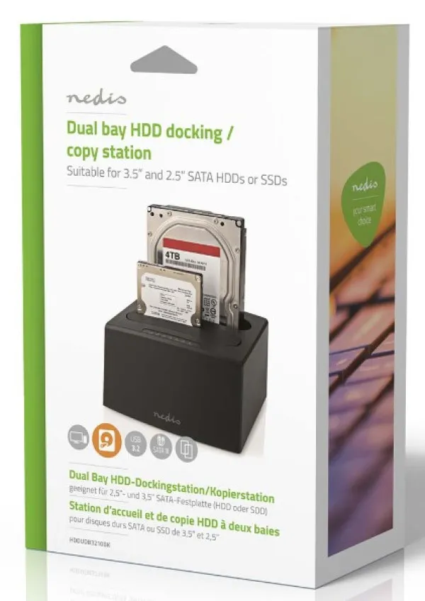NEDIS HDDUDB3210BK Nedis USB 3.2 DUPLI docking station za 2.5/3.5 SATA hard diskove, Kloniranje max 8TB Slika 6