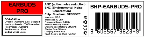 GEMBIRD BHP-EARBUDS-PRO*(ANC) Gembird bluetooth V5.3, 16ohm, 45/380mAh slusalice, ANC/ENC noise r.Touch(1539 Slika 2