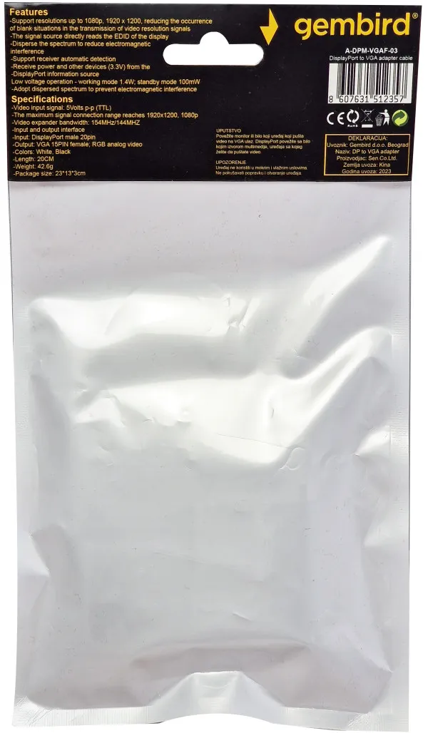GEMBIRD A-DPM-VGAF-03 ** Gembird DisplayPort to VGA adapter cable, BLACK (381) Slika 1