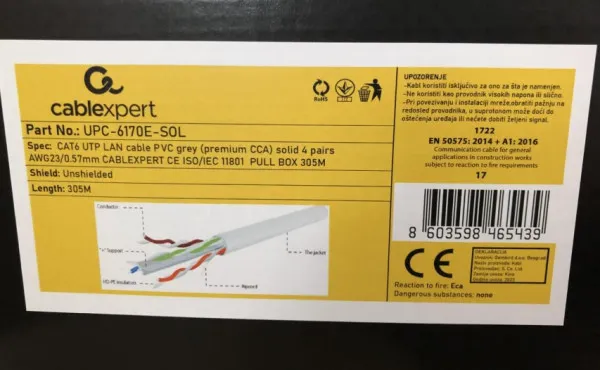 GEMBIRD UPC-6170E-SOL Gembird, UTP cat.6 Indoor solid 23AWG, 0.57mm PREMIUM CCA kotur pun presek 305m Slika 3