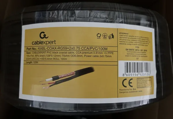 GEMBIRD KABL-COAX-RG59+2X0.75 CCA/PVC/100M Koaksialni kabl sa napojnim kablom 2x0,75mm black 100m Slika 1