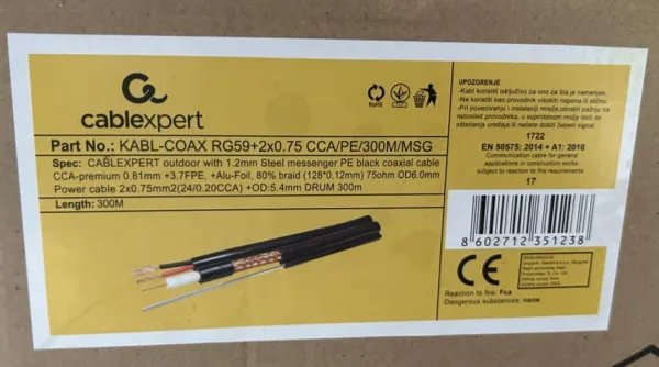 GEMBIRD KABL-COAX-RG59+2X0.75 CCA/PE/300M/MSG Outdoor Koaksialni kabl sa napojnim kablom 2x0,75 + SAJLA 300m Slika 1