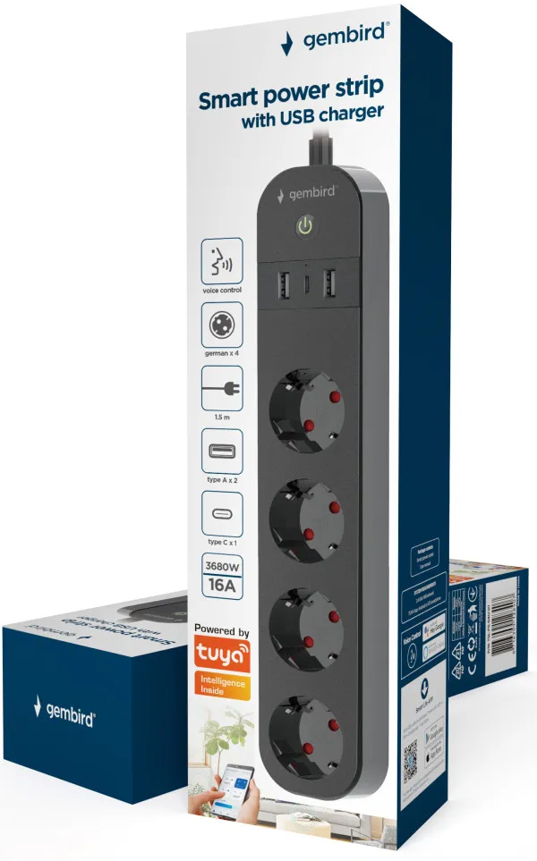 TSL-PS-S4U-01 Gembird pametni produzni kabl sa USB punjenjem, 4 uticnice, 1,5m crni Slika 7