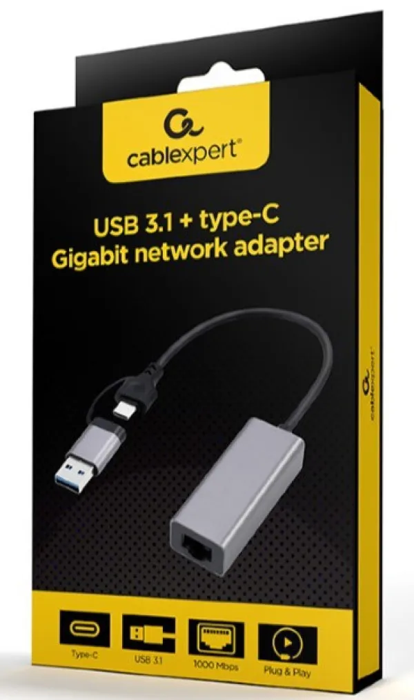 GEMBIRD A-USB3AC-LAN-01 Gembird USB 3.1 + type-C Gigabit network adapter, space grey (Alt: A-CMU3-LAN-05) Slika 1