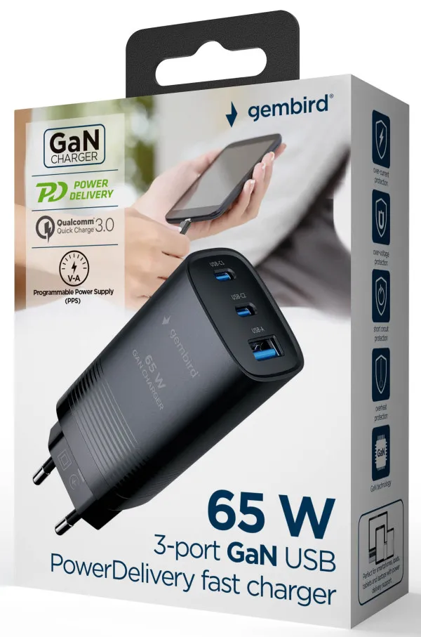 GEMBIRD TA-UC-PDQC65-01-BK Gembird 3-port 65W GaN USB PowerDelivery fast charger, black Slika 4