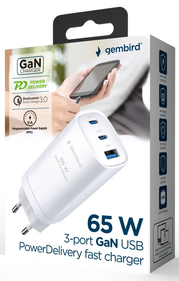 GEMBIRD TA-UC-PDQC65-01-W Gembird 3-port 65W GaN USB PowerDelivery fast charger, white Slika 4