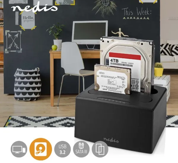 NEDIS HDDUDB3210BK Nedis USB 3.2 DUPLI docking station za 2.5/3.5 SATA hard diskove, Kloniranje max 8TB Slika 1