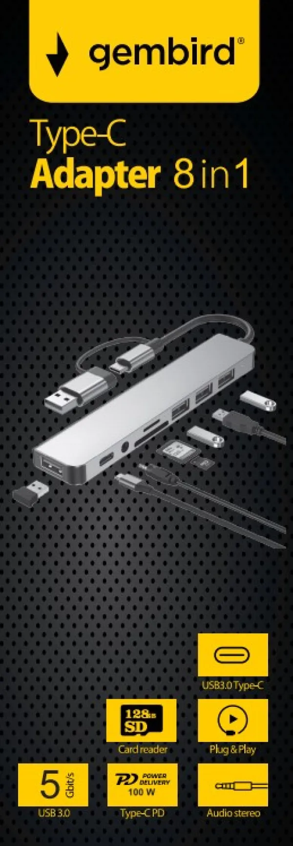 GEMBIRD A-CM-COMBO8-06 ** Gembird USB-A + USB-C multi-port 8-in-1 USB3.0+USB2.0+SD+3.5mm+Data (759) Slika 4