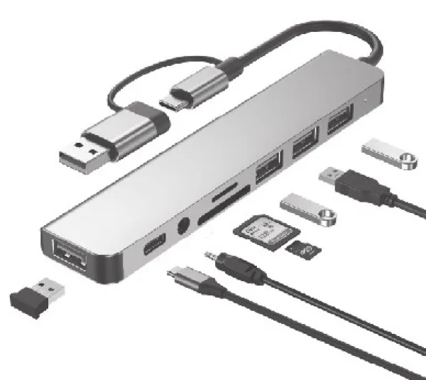 GEMBIRD A-CM-COMBO8-06 ** Gembird USB-A + USB-C multi-port 8-in-1 USB3.0+USB2.0+SD+3.5mm+Data (759) Slika 2