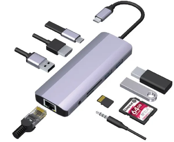 GEMBIRD A-CM-COMBO9-06 ** Gembird USB-C 9-in-1 multi-port RJ45+USB3.0+SD+USB-C+HDMI+USB2.0+3,5mm (1359) Slika 5