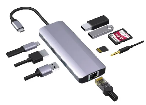 GEMBIRD A-CM-COMBO9-06 ** Gembird USB-C 9-in-1 multi-port RJ45+USB3.0+SD+USB-C+HDMI+USB2.0+3,5mm (1359) Slika 1