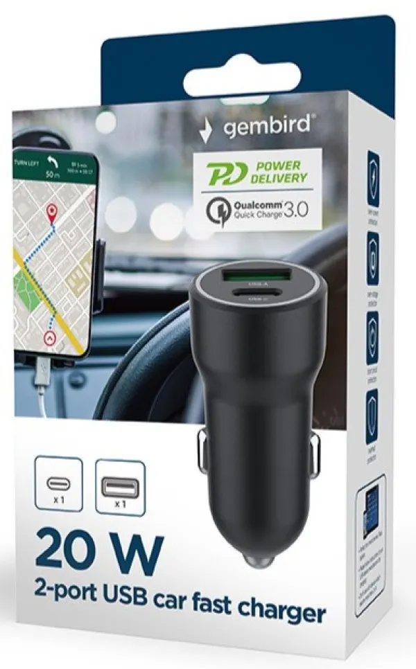 GEMBIRD TA-UC-A2PDQC20-CAR-01 Gembird 2-port USB car fast charger, Type-C PD, 20 W, black Slika 3
