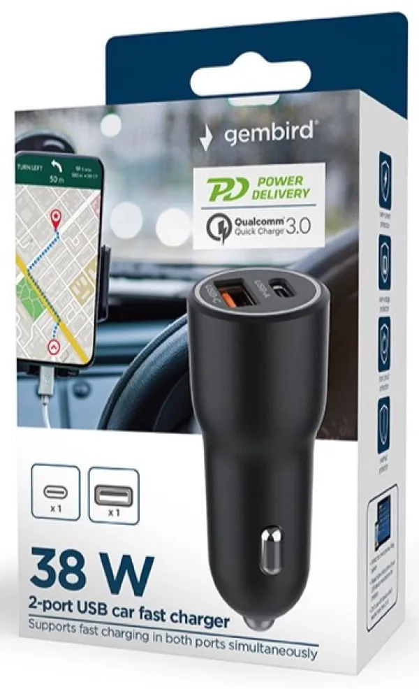 GEMBIRD TA-UC-AC2PDQC38-CAR-01 Gembird 2-port USB brzi punjac za auto, Type-C PD, 38W, black Slika 5