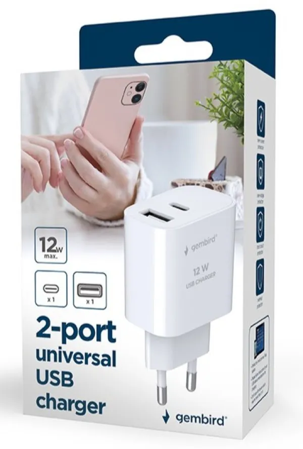 GEMBIRD TA-UC-2AC12-01 Gembird USB punjac, 2-port USB-A+ USB-C, 2.4 A, white Slika 7