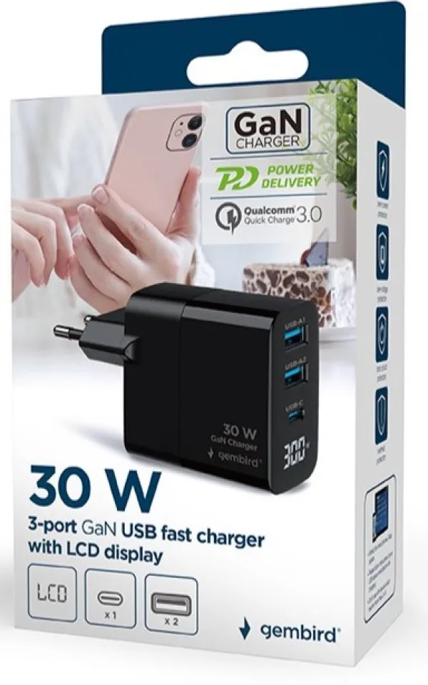 GEMBIRD TA-UC-PDQC30LCD-BK-02 Gembird GaN USB brzi punjac, 30W 3-port (2xUSB-A+ USB-C), LCD, black Slika 7