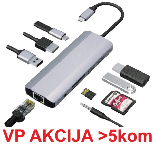 GEMBIRD A-CM-COMBO9-06 ** Gembird USB-C 9-in-1 multi-port RJ45+USB3.0+SD+USB-C+HDMI+USB2.0+3,5mm (1359) Slika 3