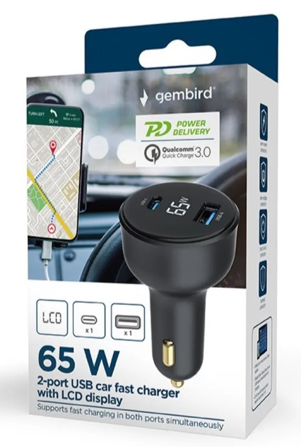 GEMBIRD TA-UC-AC2PD65LCD-CAR-01 Gembird 2-port USB brzi punjac za auto, Type-C PD, LCD, 65W, black Slika 8