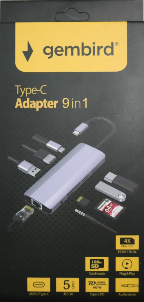 GEMBIRD A-CM-COMBO9-03 ** Gembird USB Type-C 9in1 multi-port adapter USB-C+HUB+HDMI+PD+card+RJ45 Gbit (2159) Slika 2